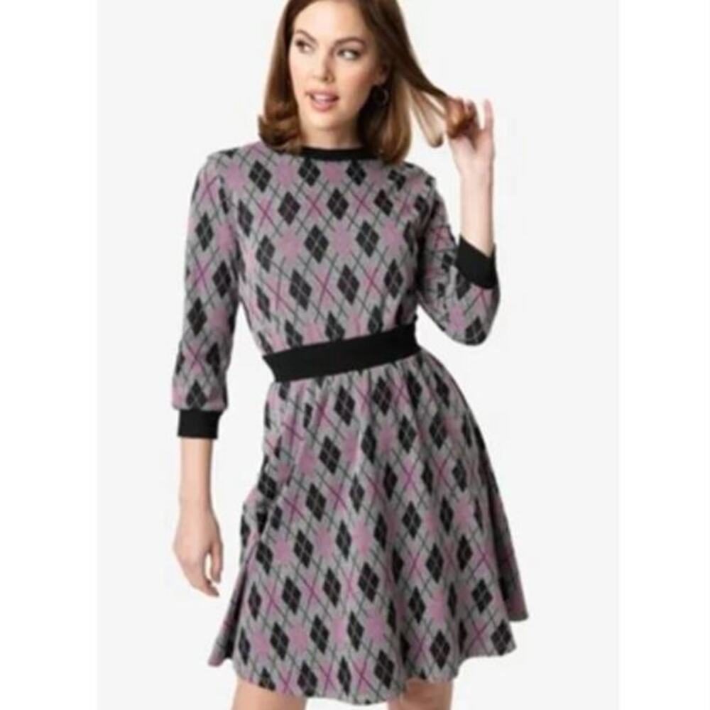 Unique Vintage Adorable Purple & Pink Argyle Sweater‎ Dress women plus size 1X - Picture 2 of 16